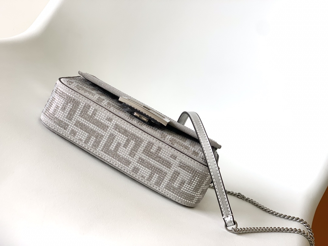 Fendi Mini Baguette FF Chenille Shoulder Bag Silver Grey